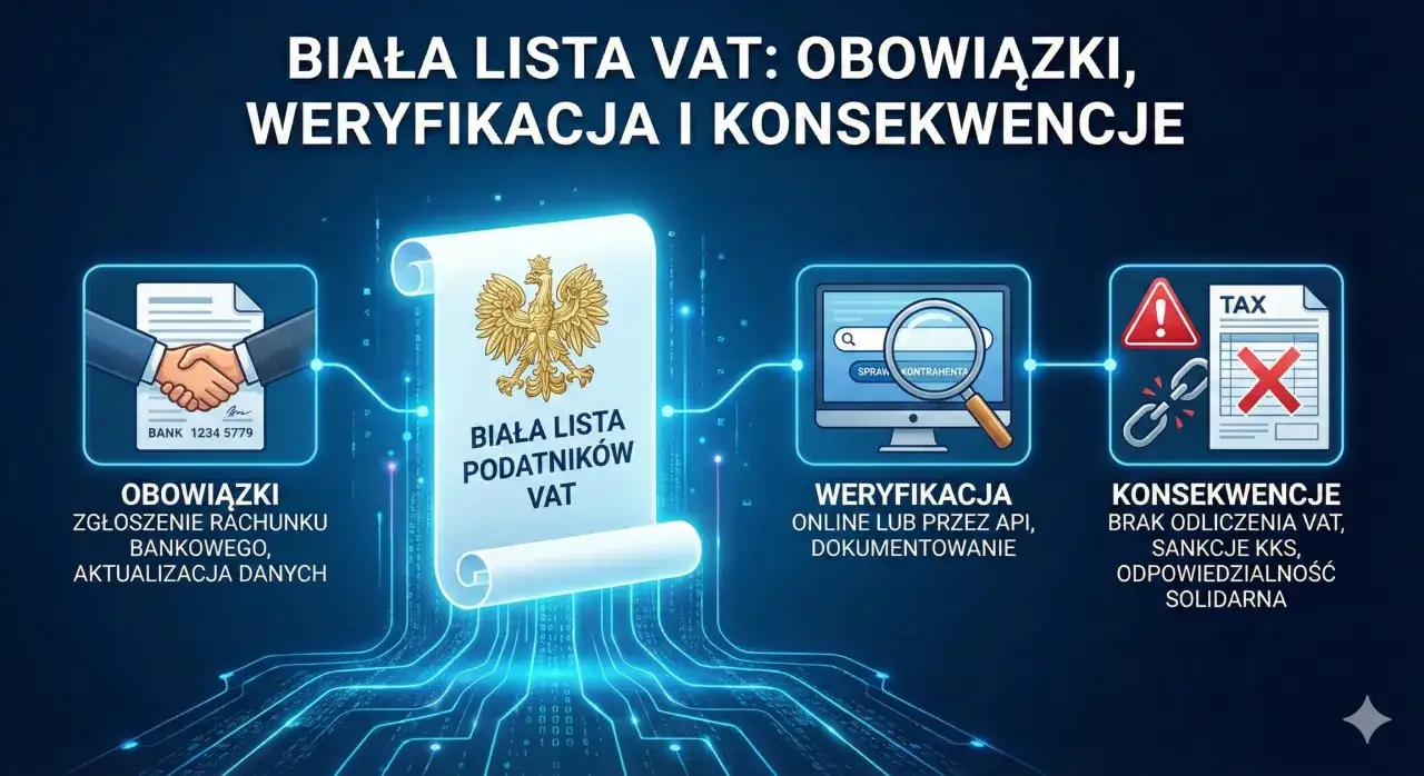 Biała lista VAT: obowiązki, jak sprawdzić kontrahenta, weryfikacja i konsekwencje. Ilustracja przedstawia proces weryfikacji kontrahentów.