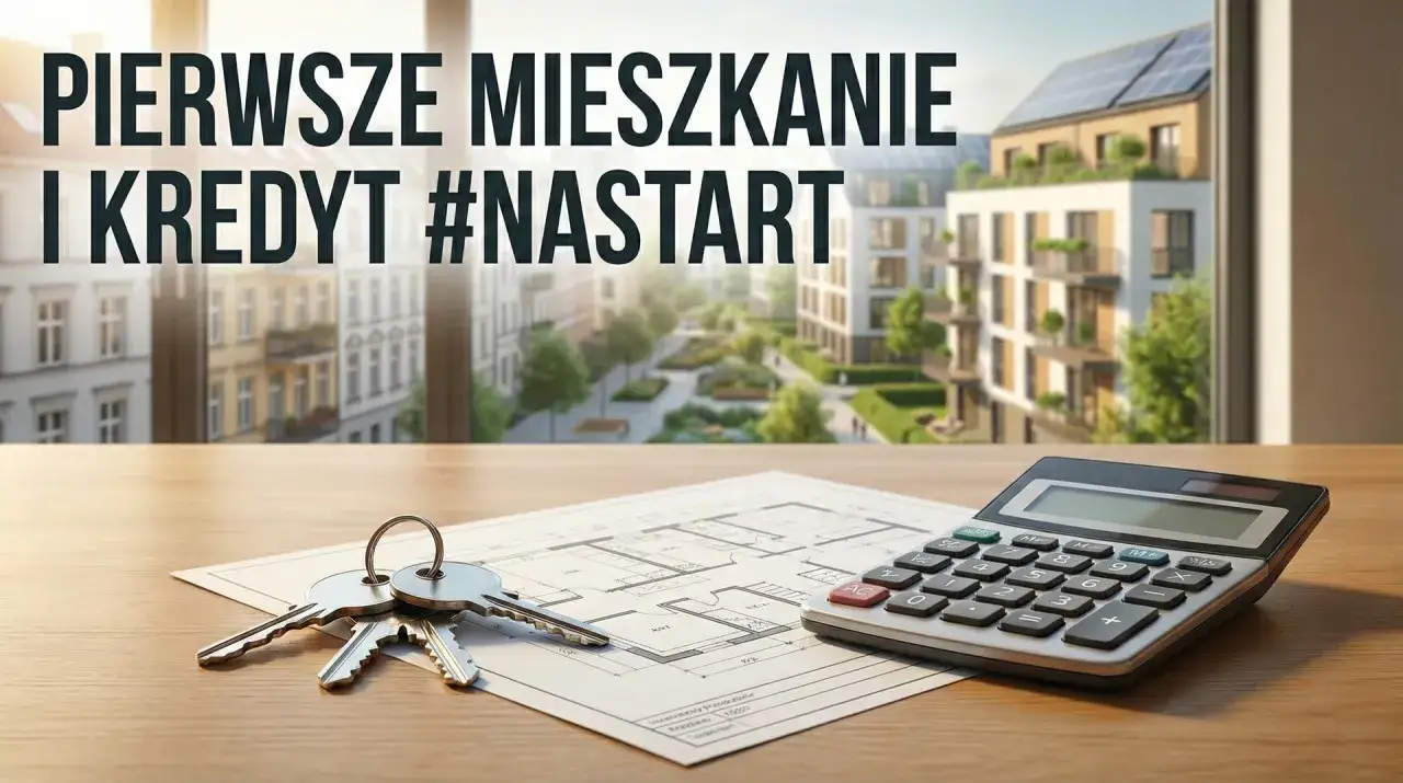 Klucze, kalkulator i plan mieszkania na stole. Za oknem nowoczesne osiedle. Idealne miejsce na nowy program mieszkaniowy #nastart.