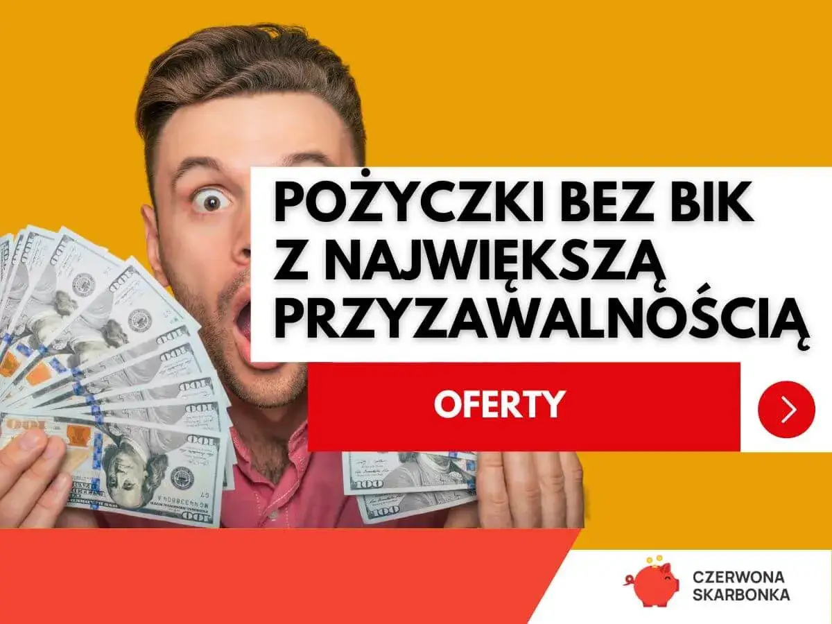 Zaskoczony mężczyzna z plikiem banknotów, oferujący pożyczki bez BIK z największą przyznawalnością.