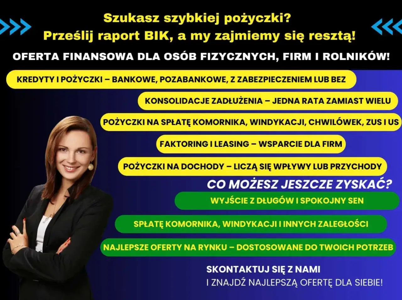 Uśmiechnięta kobieta w garniturze. Oferta finansowa: kredyty, pożyczki na spłatę zadłużeń, konsolidacja, faktoring. Szybka pomoc finansowa.