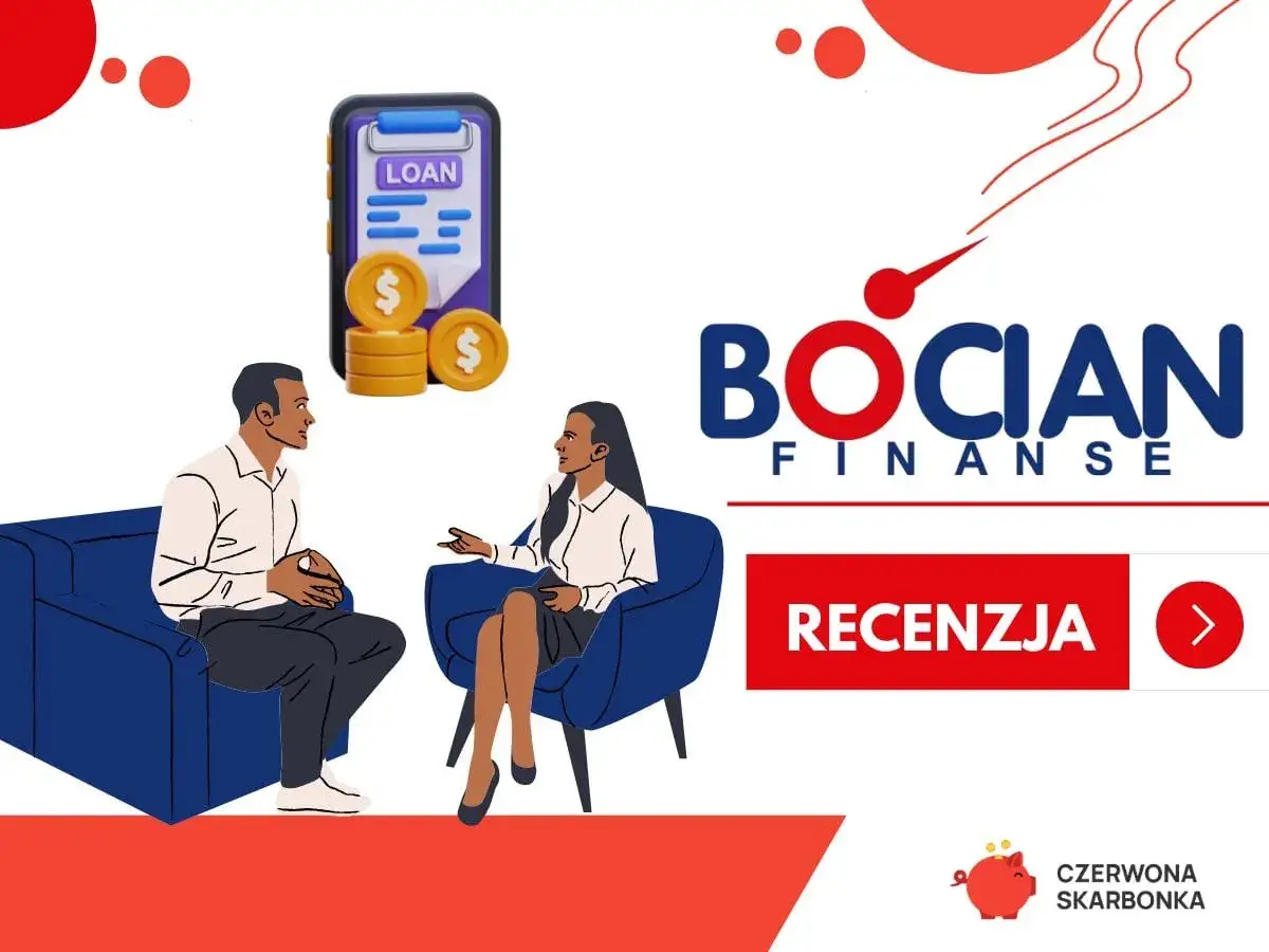 Dwie osoby rozmawiają o pożyczki online. Logo Bocian Finanse i przycisk