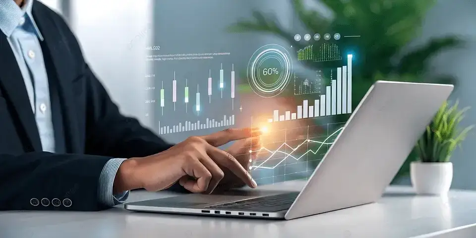 przedsiębiorca analizujący wykresy finansowe na laptopie