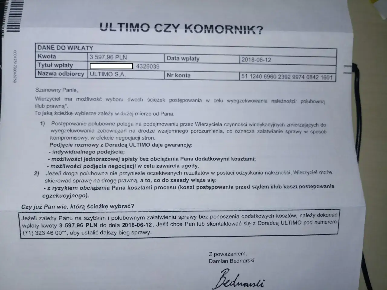 Pismo od ULTIMO S.A. dotyczące spłaty 3 597,96 PLN. Czy to ostatnia szansa na polubowne załatwienie sprawy, czy czeka Cię egzekucja?