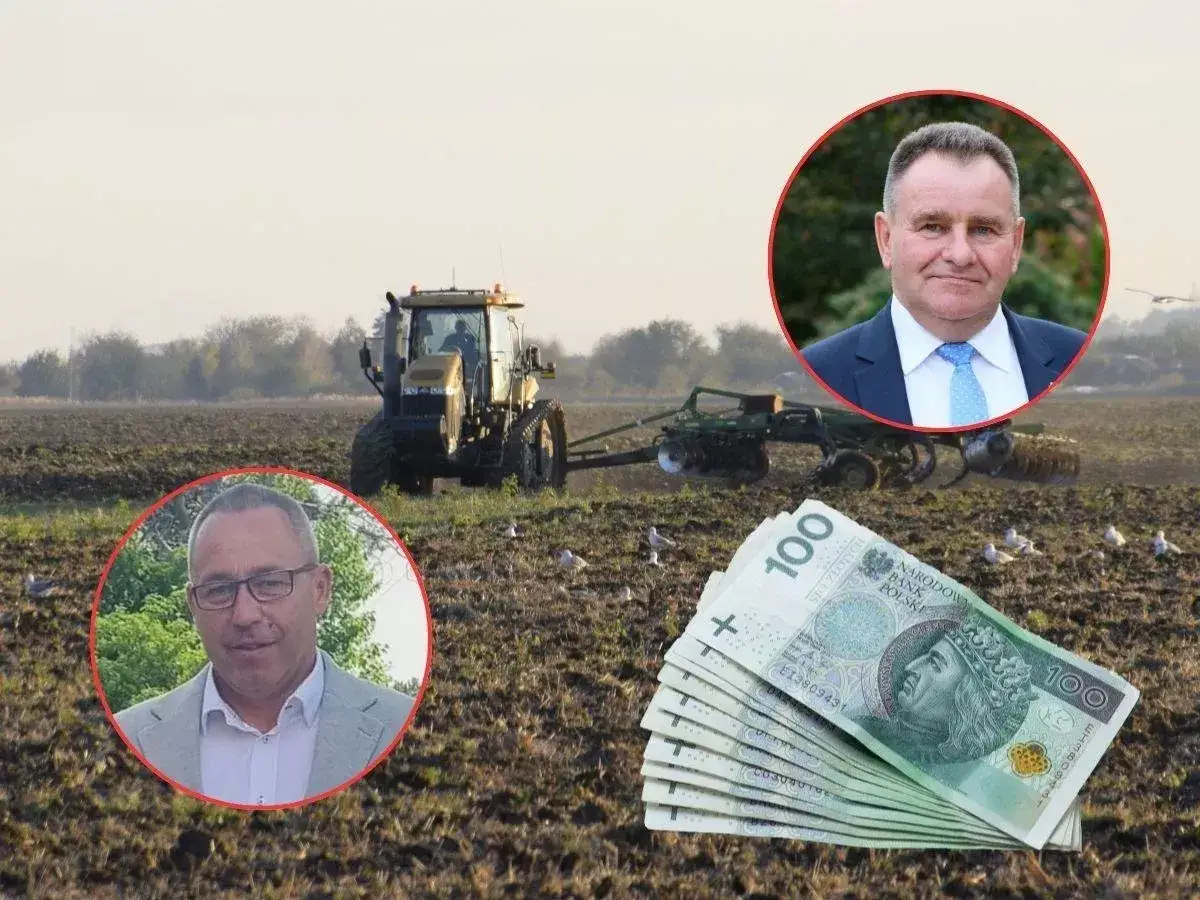 Rolnik zyskuje dzięki kredytowi preferencyjnemu na zakup ziemi. Na zdjęciu traktor na polu, banknoty i portrety mężczyzn.