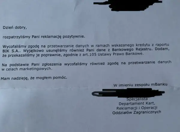 Pismo bankowe potwierdza wycofanie zgody na przetwarzanie danych w BIK S.A. i usunięcie danych z rejestru.