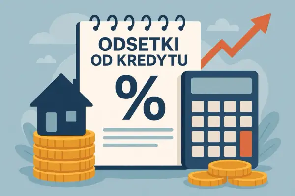 Ilustracja pokazuje, jak obliczyć koszty kredytu: dom na monetach, kalkulator, procent i rosnący wykres.