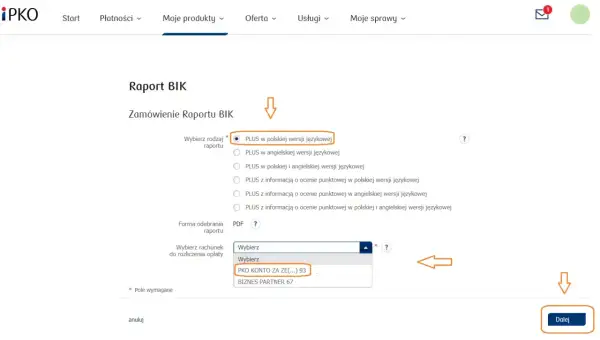 Formularz zamówienia raportu BIK. Wybrano wersję polską. Wybierz rachunek do rozliczenia, by pobrać raport.