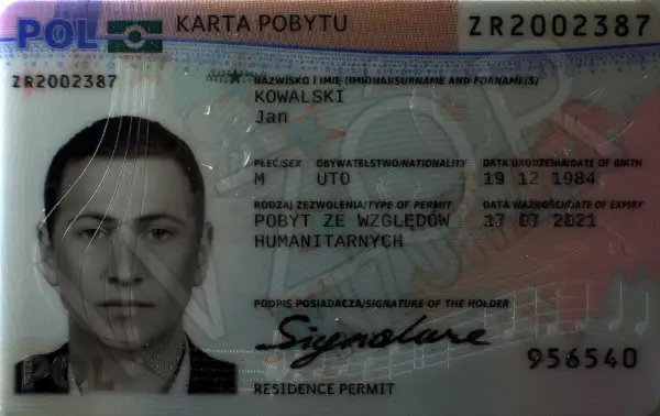 Karta pobytu Jana Kowalskiego, seria ZR2002387, wydana ze względów humanitarnych.
