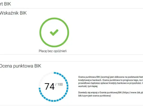 Wskaźnik BIK z zielonym zaznaczeniem i informacją "Płacę bez opóźnień". Poniżej ocena punktowa BIK 74/100.