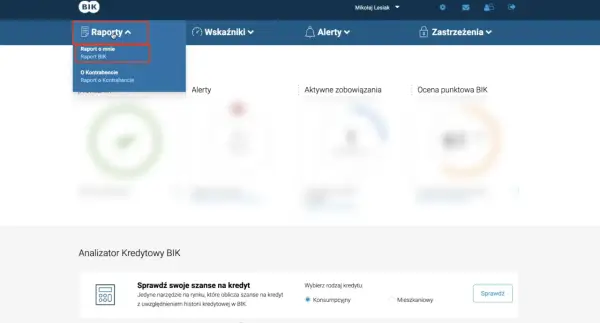 Menu "Raporty" z opcją "Raport BIK" pokazuje, jak wygląda raport BIK. Widoczny jest też analizator kredytowy.