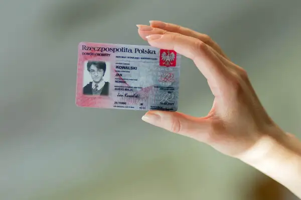 Dłoń trzyma polski dowód osobisty Jana Kowalskiego. Tylko osoba pełnoletnia może wziąć do ręki dowód osobisty.