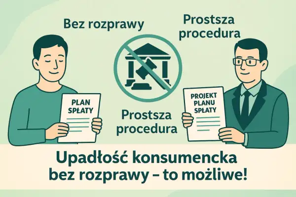 Upadłość konsumencka bez rozprawy to prostsza procedura. Dwóch mężczyzn trzyma plany spłaty.